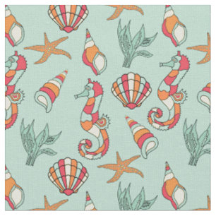 Tissu Motif Seahorse et Seashell Turquoise