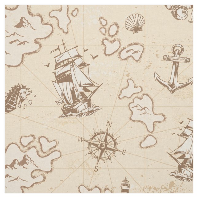 Tissu Motif sépia à thème nautique (Échantillon)