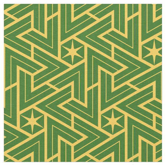 Tissu Motif Triangle Étoile Art Déco - Vert et Or (Fermer)