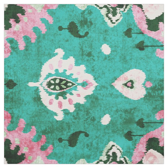 Tissu motif tribal chic rustique vert et rose ikat (Échantillon)