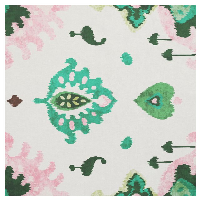 Tissu motif tribal de ikat vert et rose à texture chic (Échantillon)