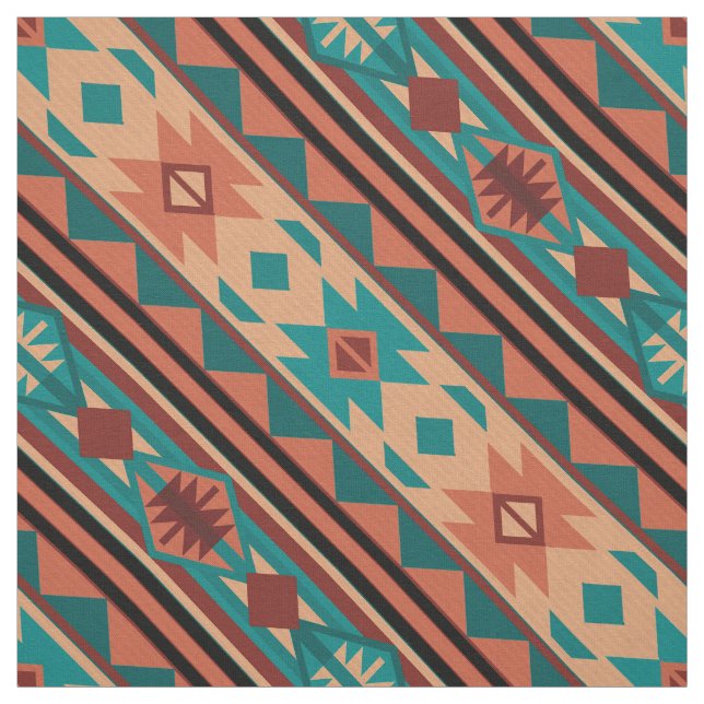 Tissu Motif Tribal Sud-Ouest Turquoise Terracotta (Échantillon)