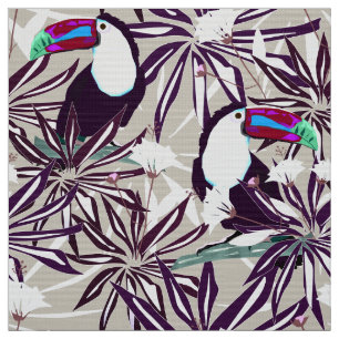 Tissu motif tropical avec palmiers et oiseaux.