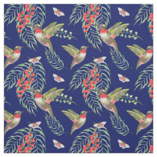 Tissu Motif Tropical Bleu de colibris et de papillons