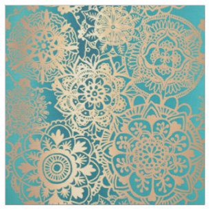 Tissu Motif Turquoise de Mandala vert et or