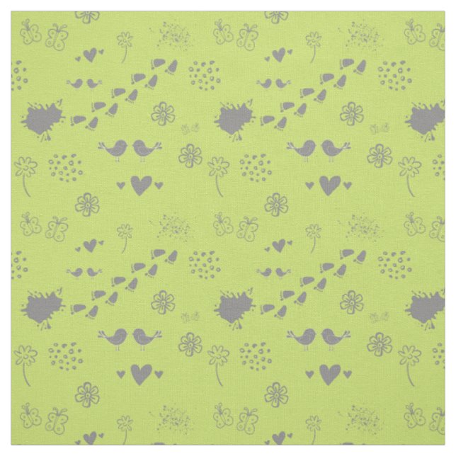 Tissu motif vert d'oiseaux, points, pas, papillon (Échantillon)