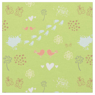 Tissu Motif vert rétro d'oiseaux, points, pieds