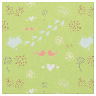Tissu Motif vert rétro d'oiseaux, points, pieds