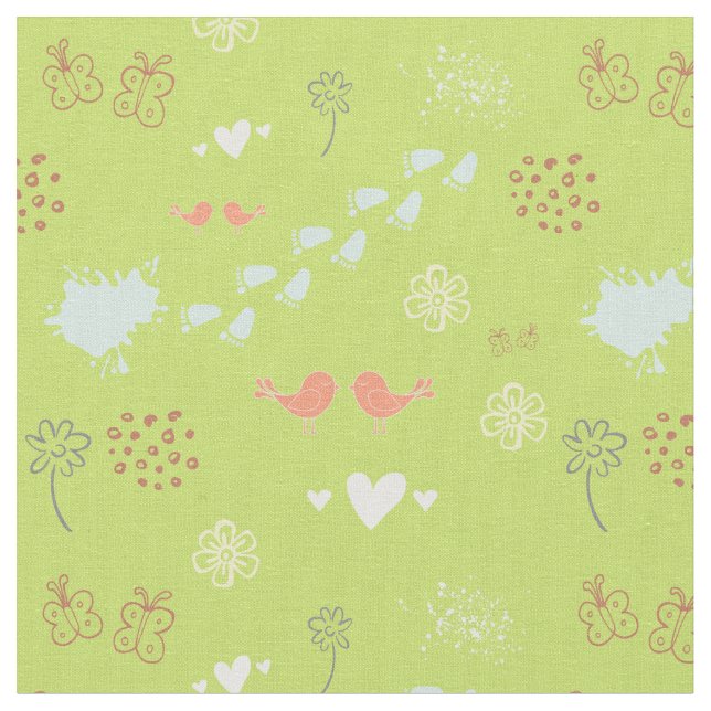Tissu Motif vert rétro d'oiseaux, points, pieds (Fermer)