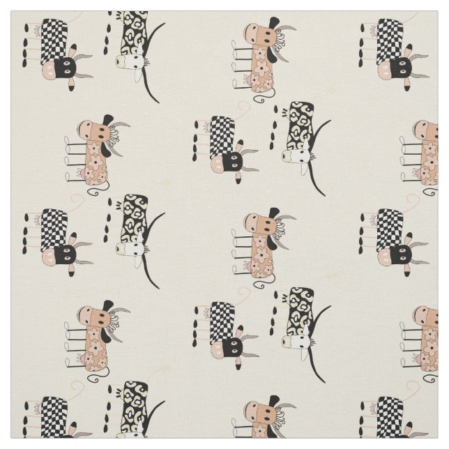 Tissu Motif Whimsical de vache sur Beige (Échantillon)