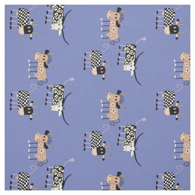 Tissu Motif Whimsical de vache sur bleu (Échantillon)