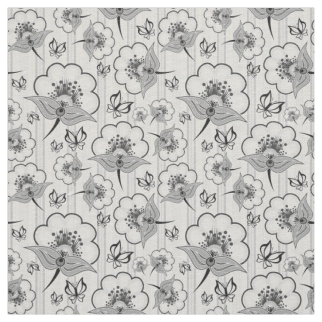 Tissu Motifs de fleurs sans couture noir et blanc mignon (Échantillon)