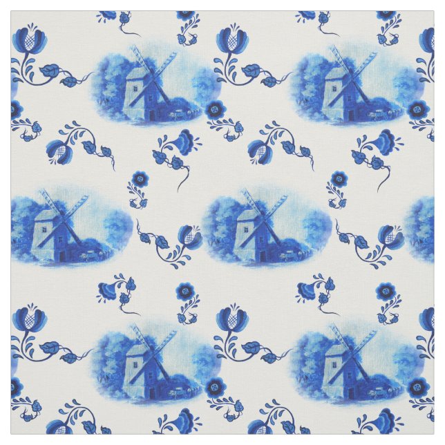 Tissu Moulin de vent, motif bleu de Delft, impression (Échantillon)