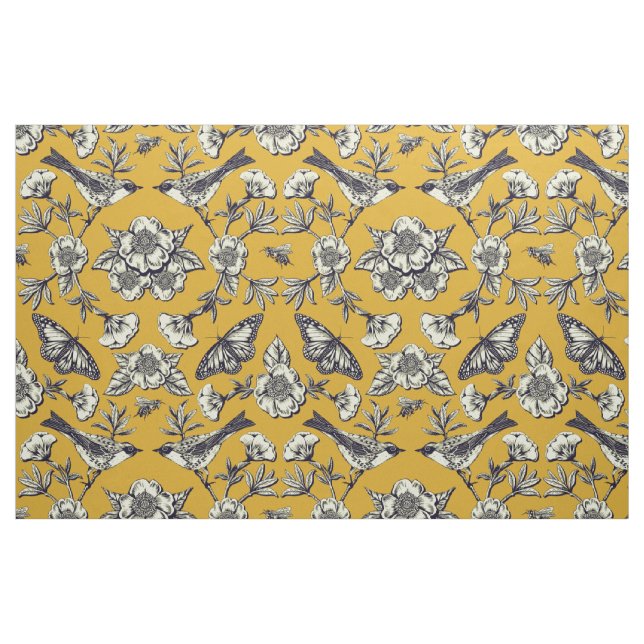 Tissu Moutarde Jaune et Oiseaux de la Marine, Papillons  (Fat Quarter)