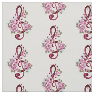 Tissu Musical treble clef notes with sakura flowers