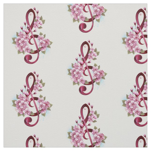 Tissu Musical treble clef notes with sakura flowers (Échantillon)