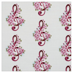 Tissu Musical treble clef notes with sakura flowers
