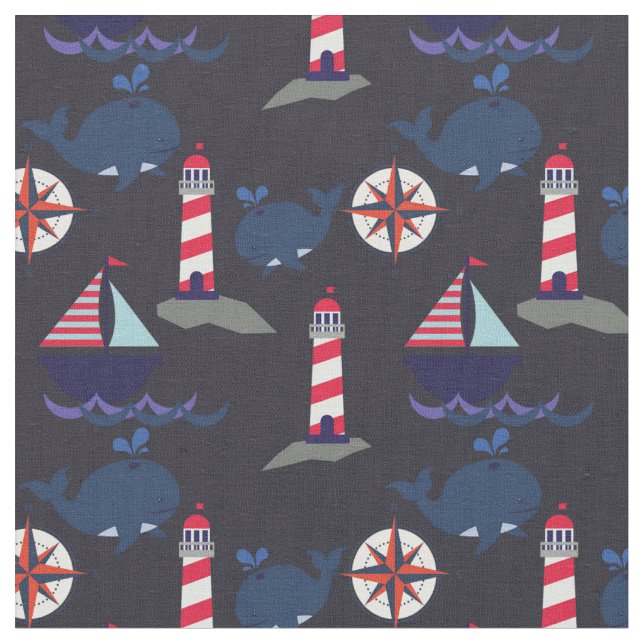 Tissu Nautical | Baleines, Phare, Voiliers (Fermer)