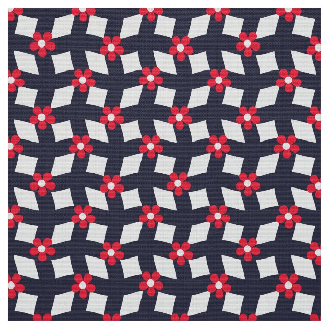 Tissu Navy Abstract Floral Grid - Poplin Fabric (Échantillon)