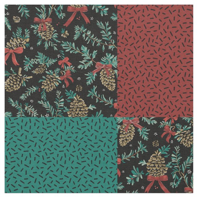 Tissu Noël Check Pine Cône Ribbon vert noir rouge (Fermer)