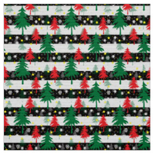 Tissu Noir Blanc Stripes Neiges Rouge Vert Arbres