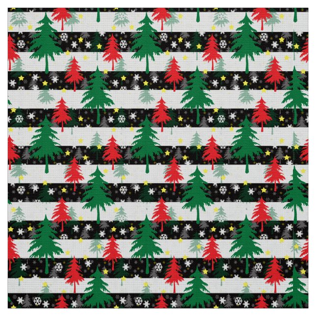 Tissu Noir Blanc Stripes Neiges Rouge Vert Arbres (Échantillon)
