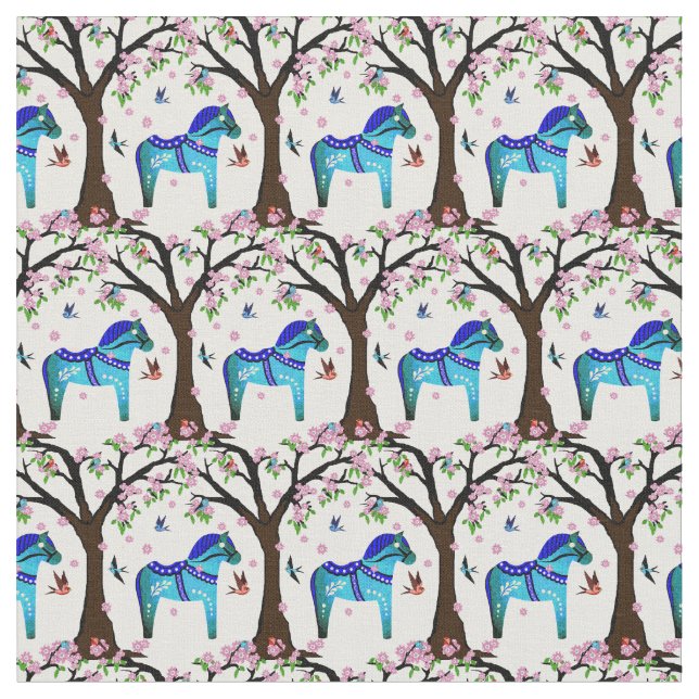 Tissu Noir/bleu Folk Dala cheval/Folk oiseaux/fleurs (Fermer)