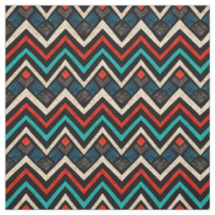 Tissu Noir Rouge Turquoise Beige Aztèque Motif