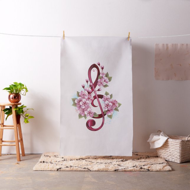 Tissu Notes de clef musicale en treble avec des fleurs S (In Situ)