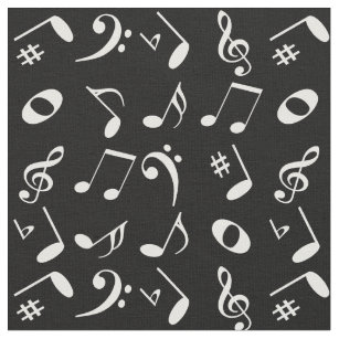 Tissu Notes musicales à langue blanche Motif sur le noir