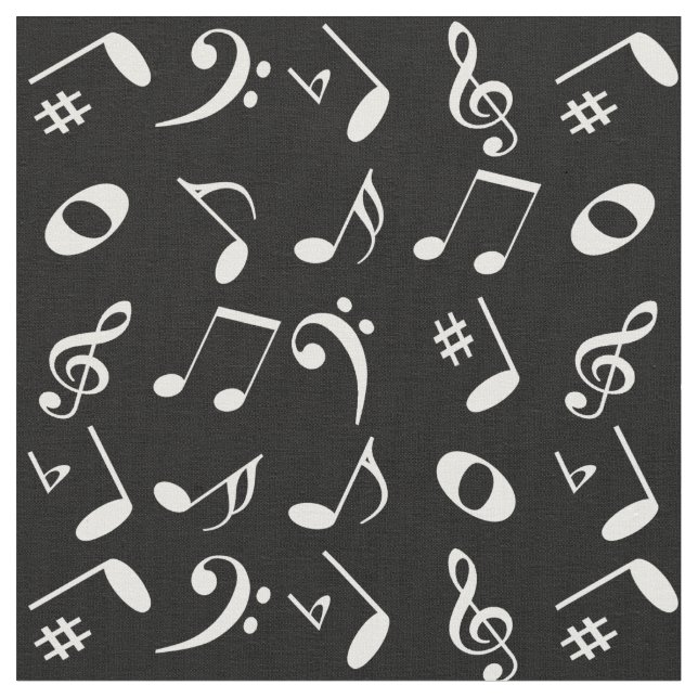 Tissu Notes musicales à langue blanche Motif sur le noir (Fermer)
