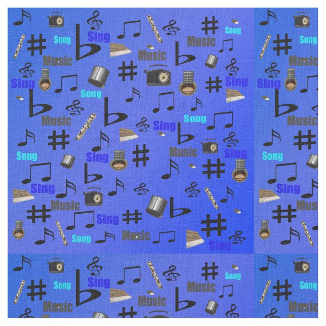 Tissu Notes Musicales Bleues Cordes Et Mots, (Fermer)