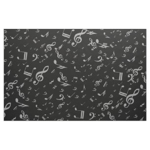 Tissu Notes musicales de gris argenté sur le noir