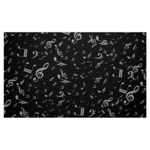 Tissu Notes musicales de gris argenté sur le noir