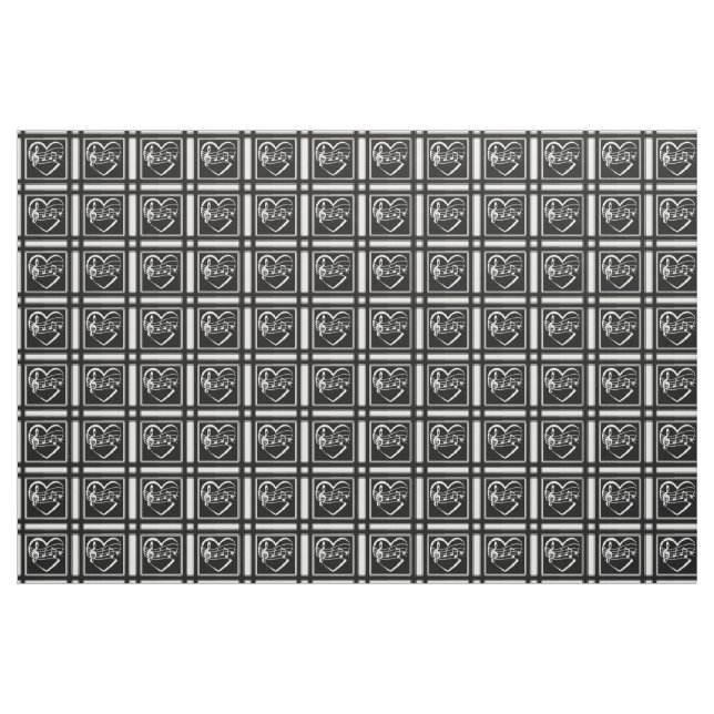 Tissu Notes musicales en noir et blanc Coeurs et rayures (Fat Quarter)