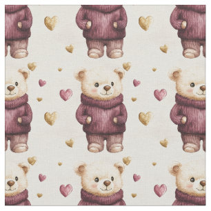 Tissu Nounours avec coeur pourpre et or