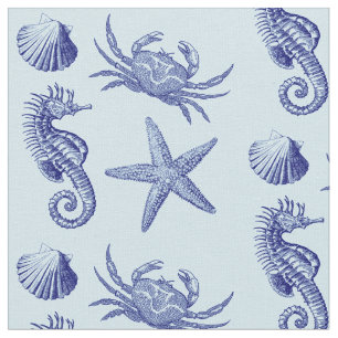 Tissu Ocean Beach Seahorse Starfish Crabe & Shell Motif