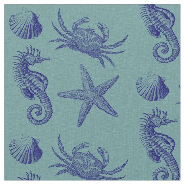 Tissu Ocean Beach Seahorse Starfish Crabe & Shell Motif (Fermer)
