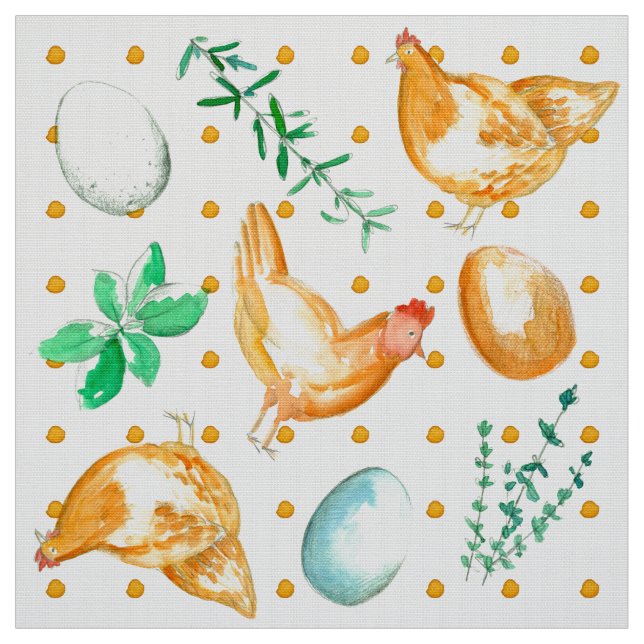 Tissu Oeufs Frais Poulets Herbes Cuisine Polka Point (Échantillon)