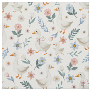 Tissu Oie et fleurs à l'aquarelle pastel sur fond blanc