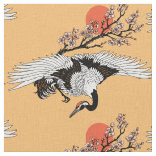 Tissu Oiseau de grue japonais et sakura en fleurs