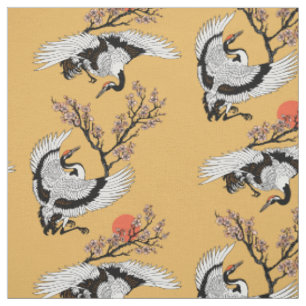 Tissu Oiseau de grue japonais et sakura en fleurs