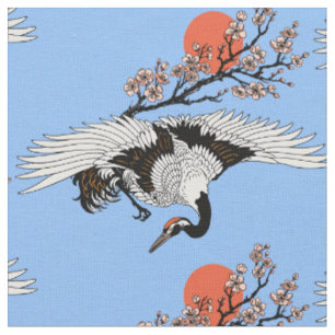 Tissu Oiseau de grue japonais et sakura en fleurs