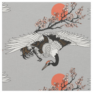 Tissu Oiseau de grue japonais et sakura en fleurs