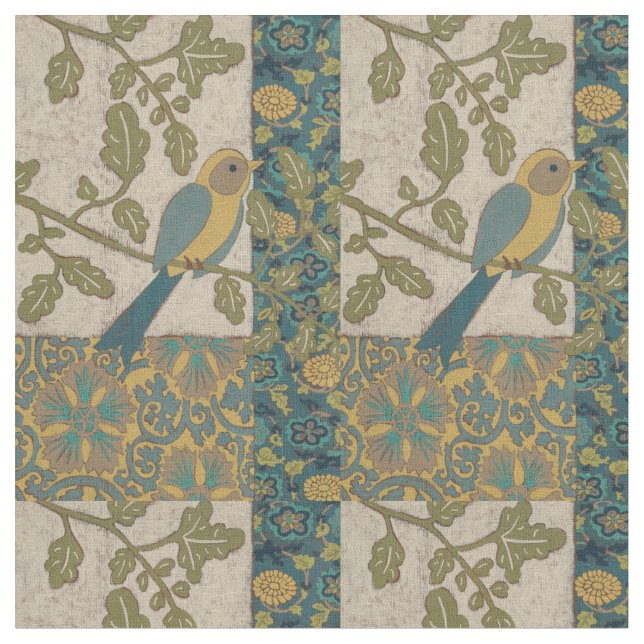Tissu Oiseau jaune et bleu Turquoise perché sur une bran (Fermer)