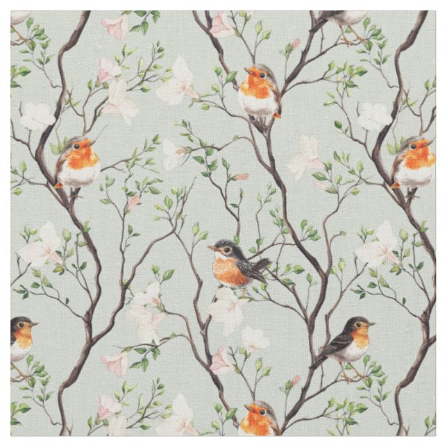 Tissu oiseau Robin vignes et fleurs botaniques (Fermer)