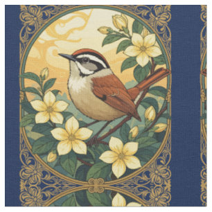 Tissu Oiseau Thryothorus parmi les fleurs de jasmin jaun