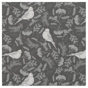 Tissu Oiseaux blancs noirs et blancs d'hiver Bleus flora