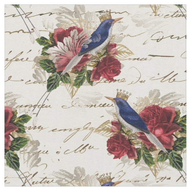Tissu Oiseaux bleus Vintages avec couronnes et Roses (Fermer)
