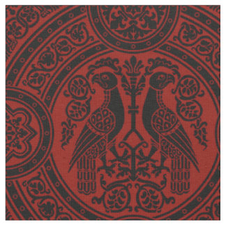 Tissu Oiseaux byzantins - Noir sur rouge foncé